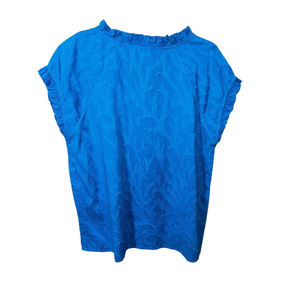 J.Jill Womens V Neck Top Blue Small Jacquard Leaf Ruffle Cap Sleeve Blouse - Picture 5 of 6